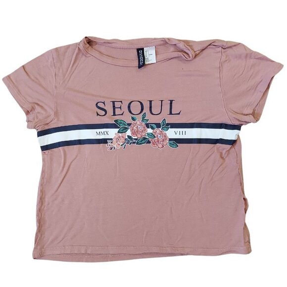 Divided Blush Pink Seoul Women's Small T-Shirt Boxy Crop Top RIPPED - Picture 1 of 8